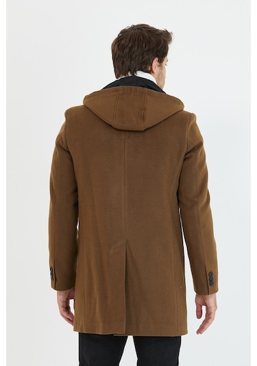 Erkek Taba Yün Karışımlı Kaşe Kapüşonlu Önü Fermuarlı Kaban-Taba