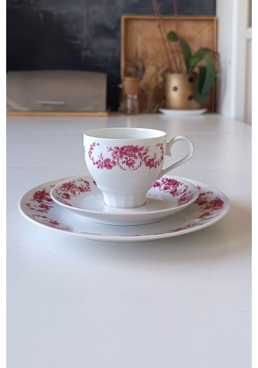 Edelstein 73 Pembe Gül Desenli Vintage Çay Fincanı Seti 3 Parça Pembeçiçek