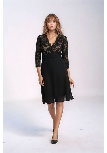 Kadın Tül Yaka Detaylı Truvakor Kol Şık Rahat Kalıp Büyük Beden Curve Abiye Gece Elbisesi Siyah