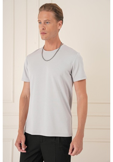 Comfort Fit Bisiklet Yaka Esnek Pamuk Casual Gri Tişört Ts 885 Gri