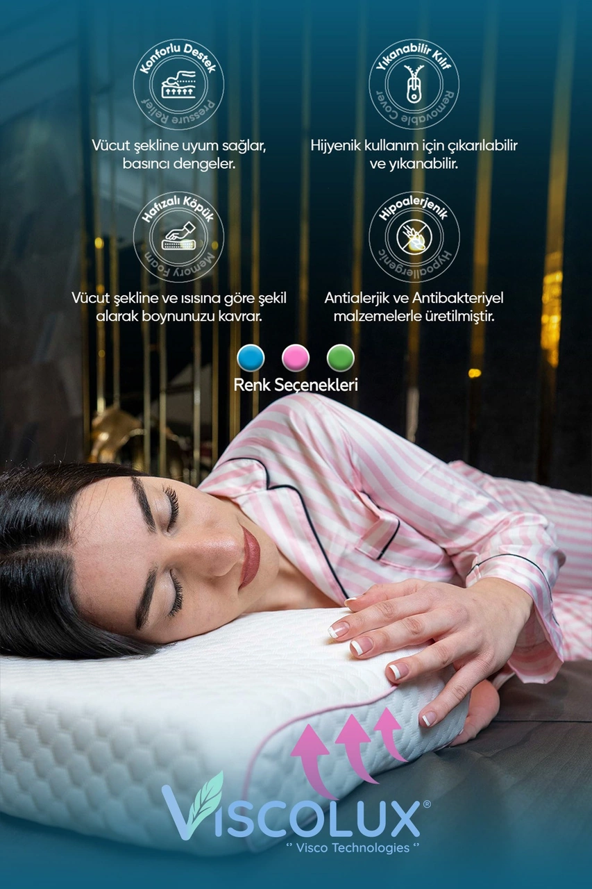 Medium Boy Ortopedik Yastık - Boyun Destekli Visco Yastık 56x36x11/7 Pembe