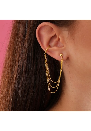 Queen Silver Jewelry 925 Ayar Gümüş Zirkon Taşlı Kıkırdak Küpe Altın