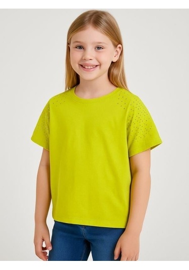 Kız Çocuk Taş İşlemeli Pamuklu T-shirt-15981 Sarı