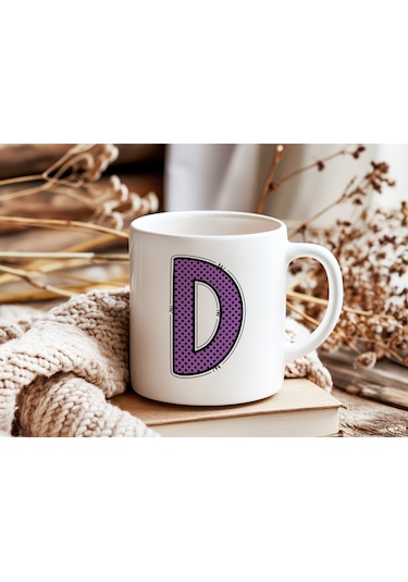 D Harfi Mor Puantiyeli Kupa Bardak - Polka Dot Tasarım Kahve Çay Bardak - Kişiye Özel Hediyelik Beyaz
