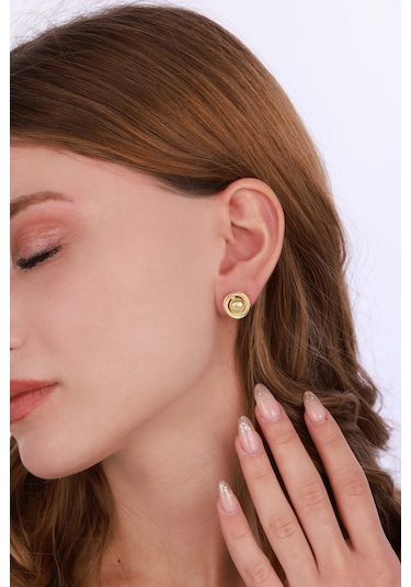 Taşsız Sarmal Model Gümüş Küpe - Gold Renk Gümüş