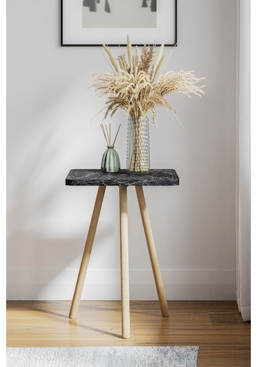İntergo Kare Tasarımlı Ahşap Ayaklı Tekli Zigon Sehpa Siyah Mermer