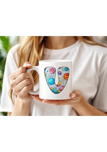V Baş Harf Gezegen Desenli Kupa Bardak - Kişiye Özel Evren Temalı Kahve Çay Kupası - Gökyüzü Beyaz