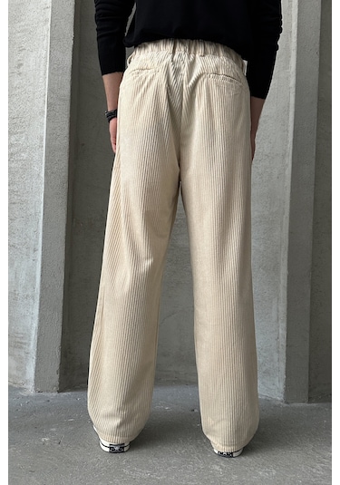 Erkek Pileli Baggy Kalıp Kadife Pantolon Krem