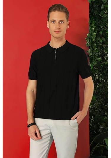 Slim Fit Fermuarlı Polo Yaka Kısa Kol Siyah Triko Tr 865 Siyah