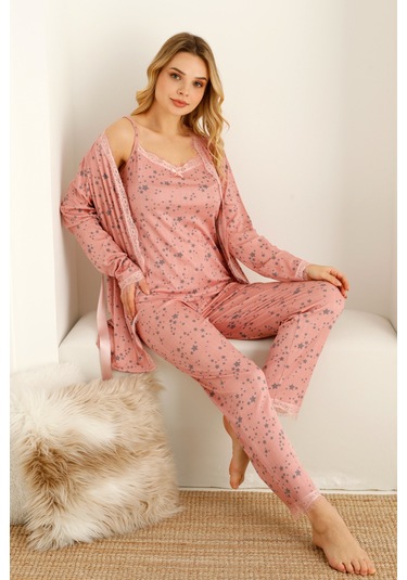 Sabahlıklı Dantel Detaylı Pegasus Kadın Pijama Takımı-çeyizlik Takım- Geniş Beden Aralığı Pembe