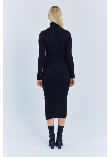 6889 Kadın Balıkçı Yırtmaçlı Uzun Triko Elbise Siyah Siyah