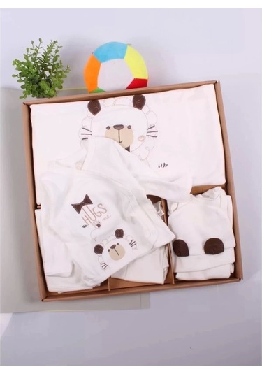 Ayıcık Desenli 10 Parça Kutulu %100 Pamuk Erkek Bebek Hastane Çıkışı Kahverengi