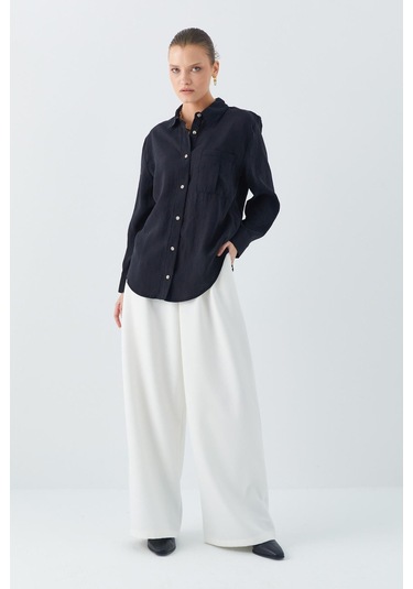4628 Kadın Cep Detaylı Modal Gömlek Siyah Siyah