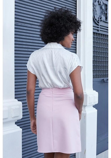 Yüksek Bel Hafif Likralı Kumaş Diz Boy Çan Etek-pembe Pembe