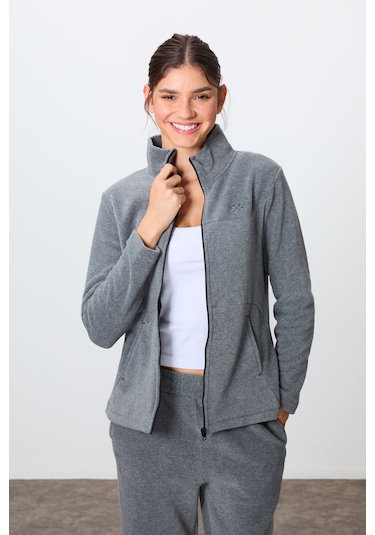 Tommy Life Gri Melanj Kalın Yumuşak Dokulu Dik Yaka Oversize Nakışlı Polar Kadın Eşofman Takım -95339 GRİ MELANJ