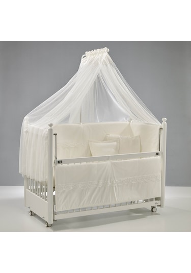 Meltem Kids Mondo Sallanır Ahşap Anne Yanı Beşik - 60x120 CM (Beyaz-Krem) Krem