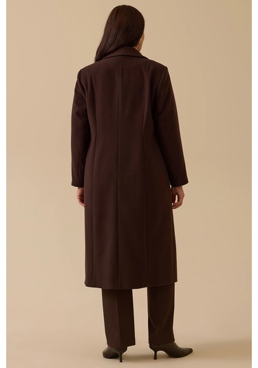 Galaxi Kadın Büyük Beden Astar Desenli Cepli Kaşe Kaban 4003 Kahverengi Kahverengi