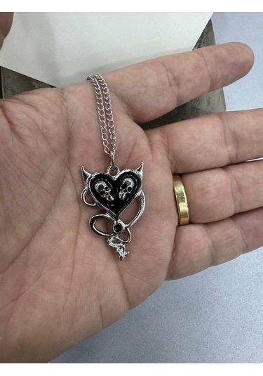 Gümüş Renk Zincirli Siyah Kuru Kafa Kalp Kolye Çok REnkli