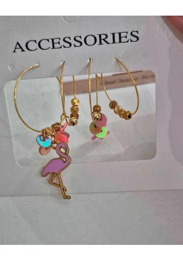 Pembe Flamingo Gold Halka Dörtlü Bayan Küpe Set Gold - Pembe