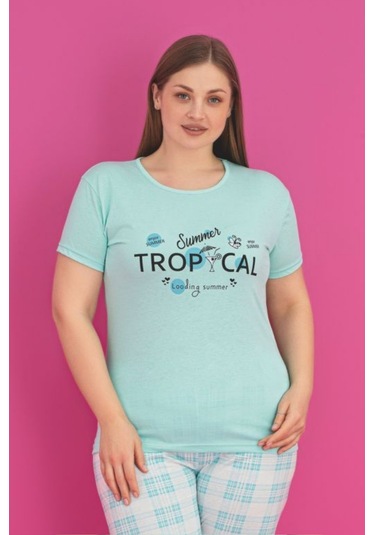 X-dreamy Büyük Beden Pamuklu Ekose Kareli Kısa Kollu Pijama Takımı Mavi