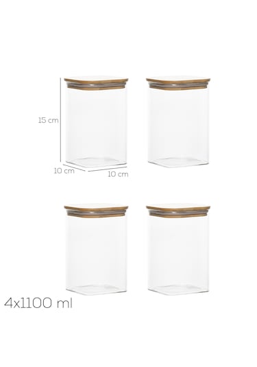 Porsima 4395 4lü Kare 1100 Ml Bambu Vakumlu Kapaklı Cam Kavanoz Seti Saklama Kabı 10x15cm Şeffaf