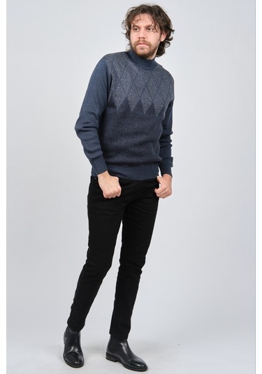 Ateş Triko Erkek Yarım Balıkçı Yaka Desenli Kazak 6091804 Indigo Indigo İndigo