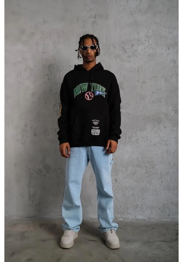 Baskılı Kapüşonlu Sweatshirt - Siyah -vlmr Siyah