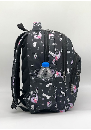 Sevimli Karakter Desenli Beslenmeli İlkokul Çanta Seti Siyah