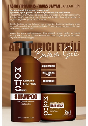 Motto Plus Professional Yavaş Uzayan - Aşırı Yıpranmış Saçlar İçin Tuzsuz Keratinli 2'li Saç Bakım Seti Şampuan - Maske