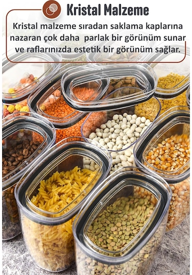 İronika Jumbo Boy 2100 Ml Gerçek Vakumlu Silikon Kapaklı Kristal Erzak Bakliyat Saklama Kabı Seti Baharatlık 6 Adet Antrasit