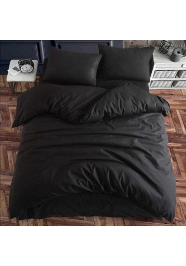 Siyah Ranforce Dokuma Çift Kişilik Nevresim Takımı Lastikli Çarşaf Siyah