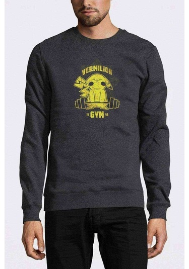 Pokemon Pikachu Gym Baskılı Füme Antrasit Erkek Sweatshirt