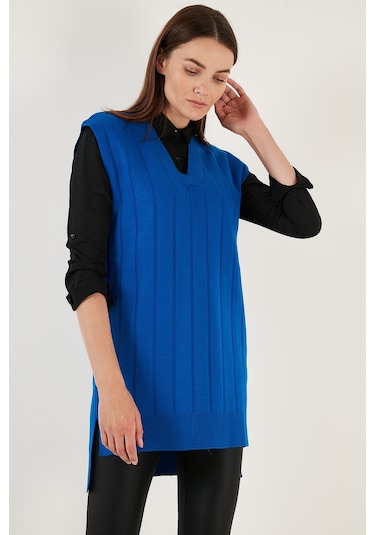 Lela V Yaka Uzun Triko Bayan Süveter 4616088 Saks