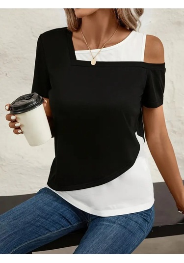 Ahes Shopping Kadın Kısa Kollu Geometrik Kesin Detaylı Çift Renkli Viskon Bluz Siyah