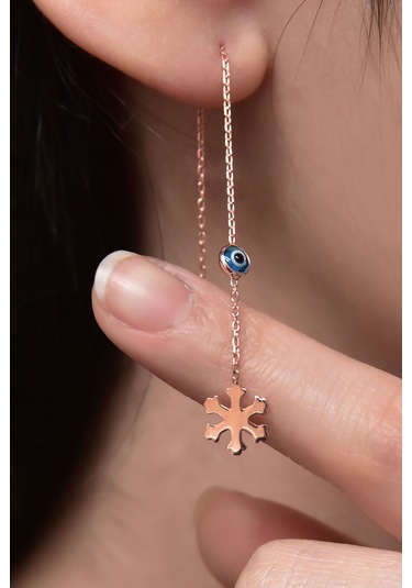 925 Ayar Gümüş Kartanesi Zincir Cam Göz Kadın Küpe