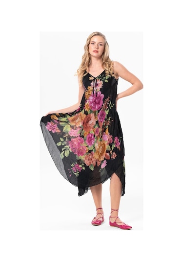 Askılı Vual Afrodit Midi Boy Yazlık Elbise Siyah 6190 - Kadın