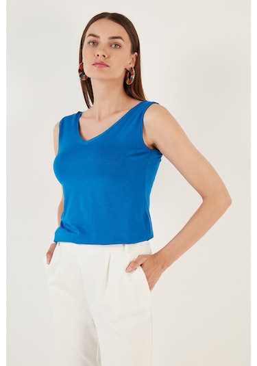 Lela Kalın Askılı V Yaka Bayan Bluz 5864384 Saks