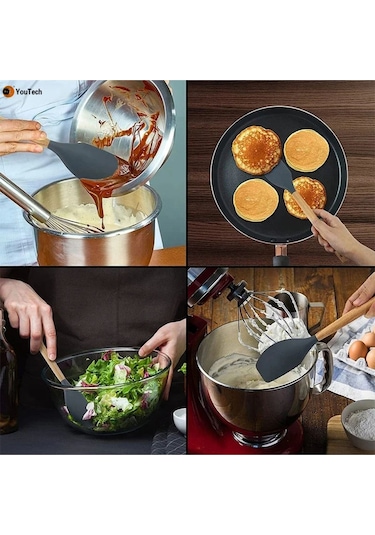 Qerhome Bambu Saplı Silikon Sıyırma Yan Spatula Siyah