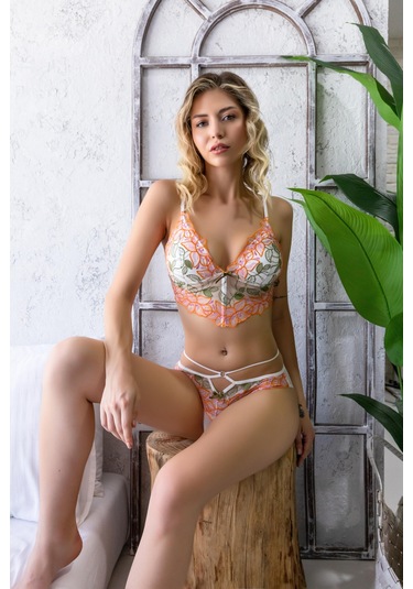 Çiçekli Bralet Sütyen Ve Slip Külot Takım Ekru 32056 Ekru