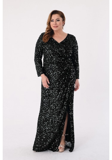 Lilas Xxl Kadın Büyük Beden Pul Payetli V Yaka Uzun Abiye Elbise 2479 Siyah Siyah