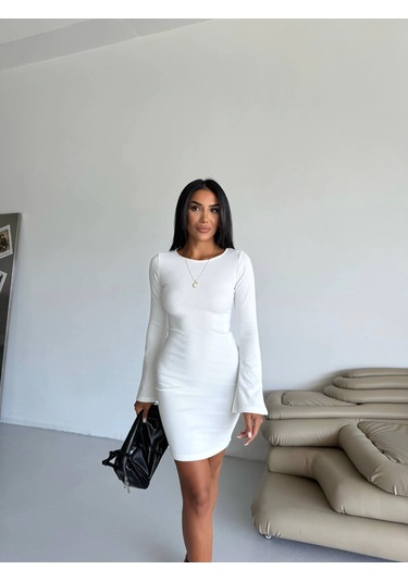 Prenses Kol Esnek Kumaş Elbise Beyaz F2334 Beyaz