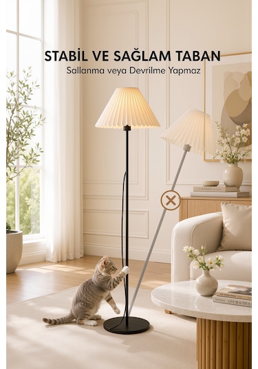 Umbrella Lambader Siyah Metal Tek Ayaklı Lamba Krem Modern Kırma Kumaş Başlık Lam07