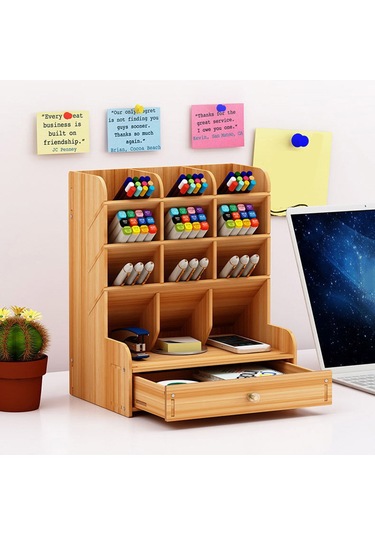 Ahşap Masaüstü Organizatör Çok Fonksiyonlu Kalemlik Kahverengi Kahverengi