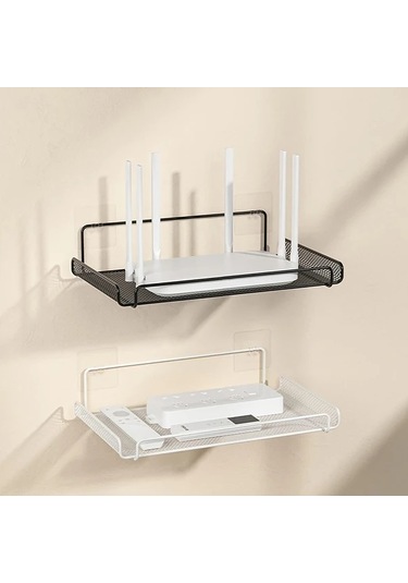 Sunshine011 Siyah Modern Duvar Tipi Router Rafı, Havalandırmalı Mesh Saklama Ünitesi Siyah