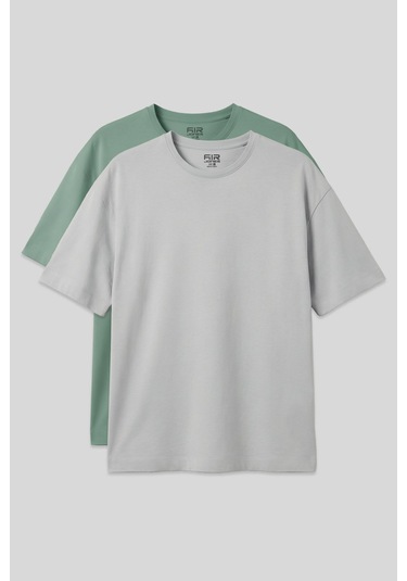 Oversize Fit Basic 2li Paket Taş-açık Yeşil Erkek T-shirt - 88353 Yeşil - Gri