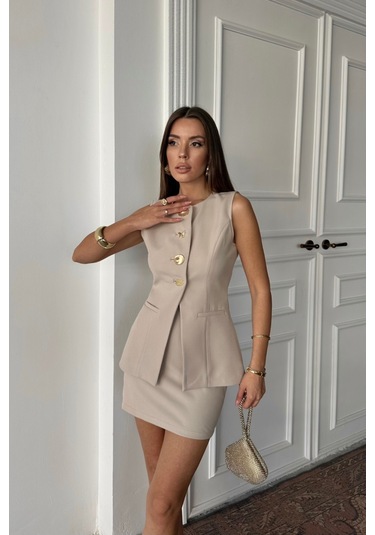 Sensuelle Klasik Gold Düğmeli Yelek - Kısa Etek Takım - Bej Bej