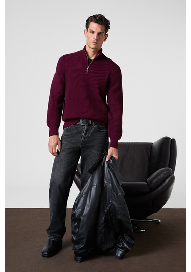 BERNARDO Erkek Yarım Fermuarlı Dik Yaka Triko Bordo Kazak