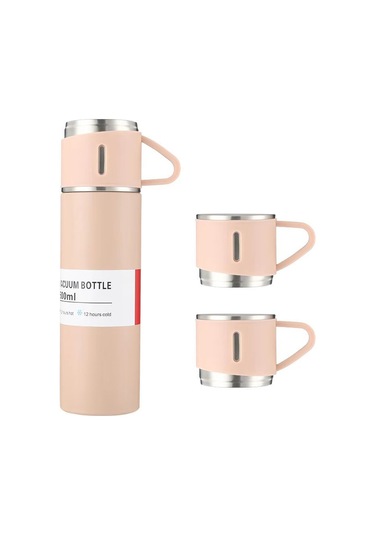 Moveevo 304 Çelik Termos Bardak 500ml - 12 Saat Isı Saklama, Sızıntı Engeli, 3 Kapağı Var, Ev/outdoor/ulaşım İçin, Pembe Hediyelik Kutulu Set Pembe
