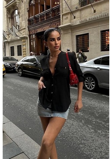 Poulina Flamlı Keten Gömlek 3257-08 Si Yah