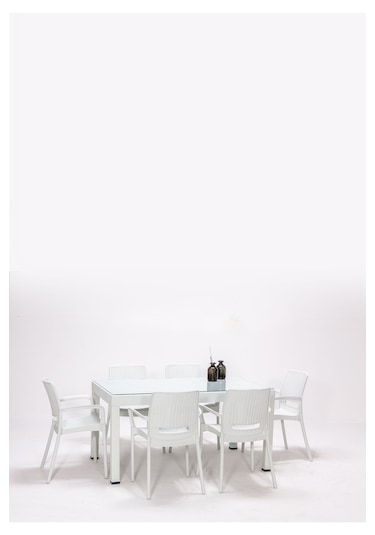 Rattan Camlı Kollu 6 Kişilik Bahçe Masa Takımı-Beyaz